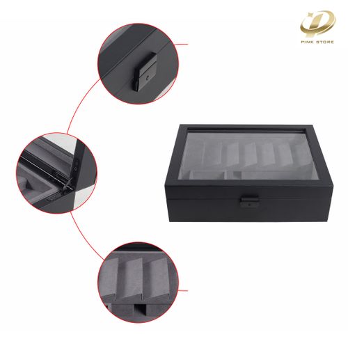 Large Black PU Leather Jewelry Box with Multiple Compartments and Visible Window