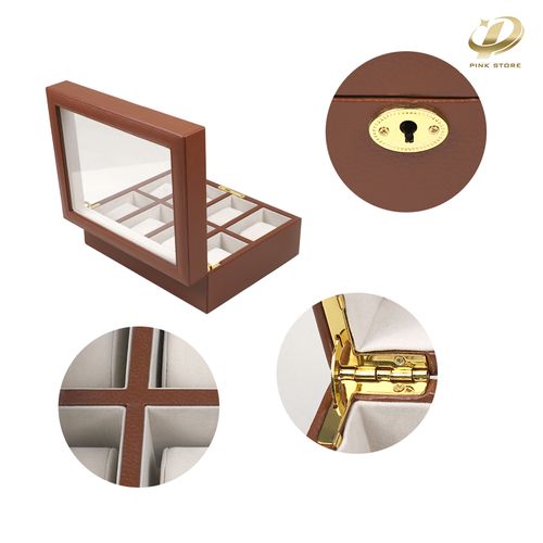 Brown PU Leather Watch Box with Eight Compartments and Visible Window