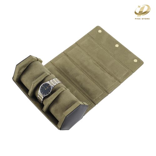 Olive PU Leather Watch Roll For Three Slots