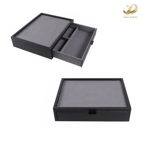 Large Black PU Leather Jewelry Drawer with Multiple Compartments and Visible Window