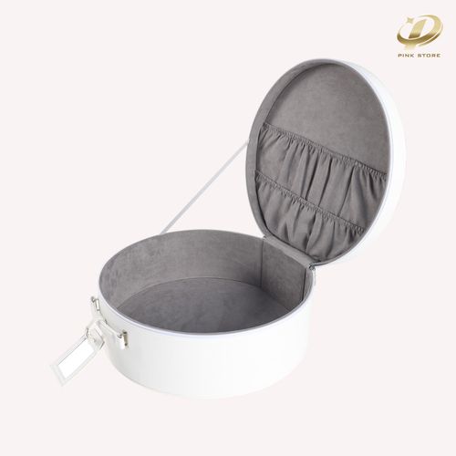 White color Hat Box- Round Hat Travel Case With Zipper - Hat Case For Travel Has Sturdy Handle Easy To Carry Great For Carrying