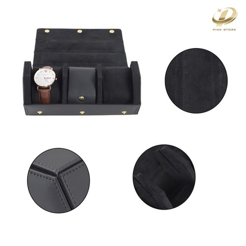 Black PU Leather Watch Roll with Three Compartments