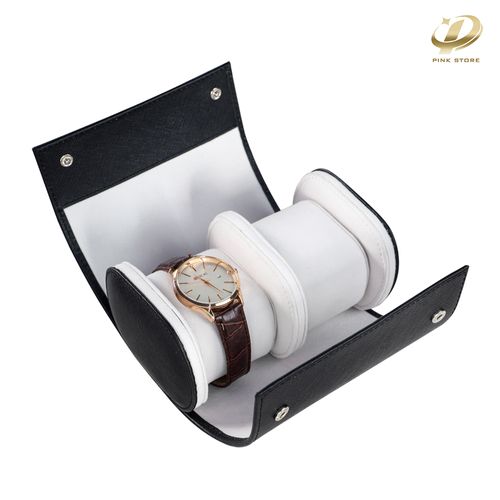 Black PU Leather Two-Slot Watch Roll with Velvet Lining