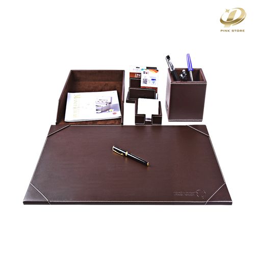 Bonded Set Luxury Leather Desk Pad & Desk Organization Essentials, 5 Piece, Dark Brown