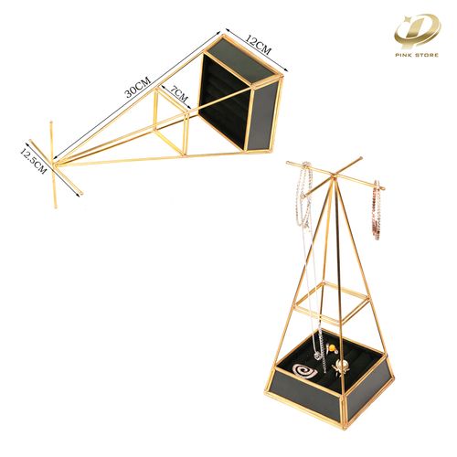Triangular Golden Metal Jewelry Display with Velvet Lining and Compartments