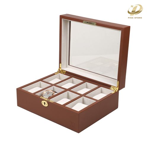 Brown PU Leather Watch Box with Eight Compartments and Visible Window