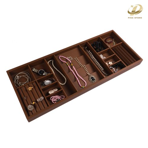 Large Brown Velvet Jewelry Display Trays with Multiple Compartments