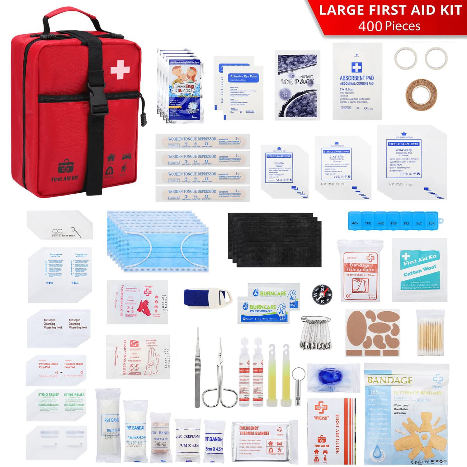 Content display of the large 400-piece emergency medical kit including first aid supplies like bandages and antiseptic wipes