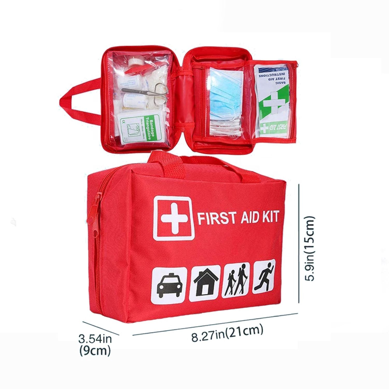 outside and inside of Wholesale Red Portable Medical First Aid Kit For Sport Scratches