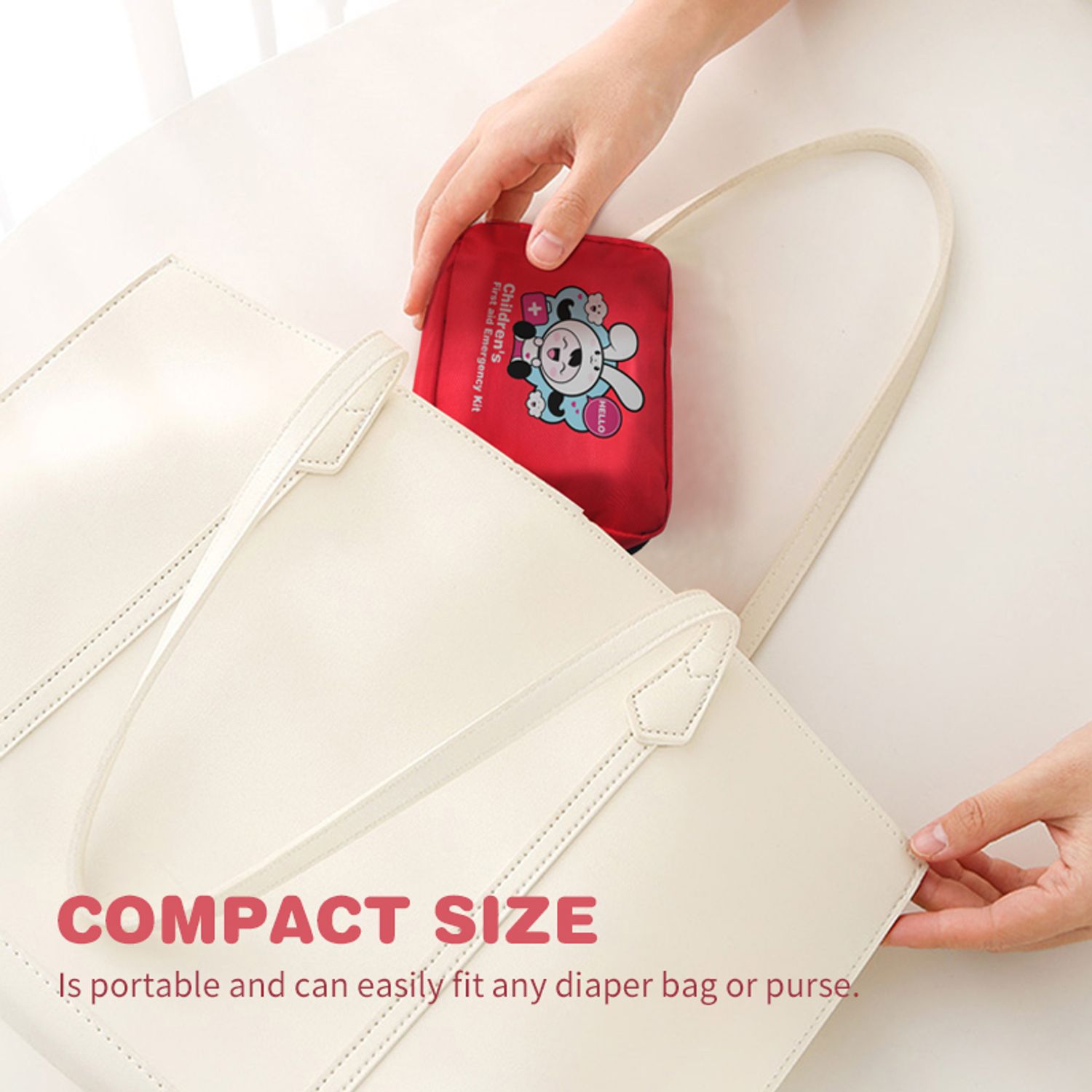 Compact baby first aid kit fitting into a white purse, showcasing portability and diaper bag compatibility