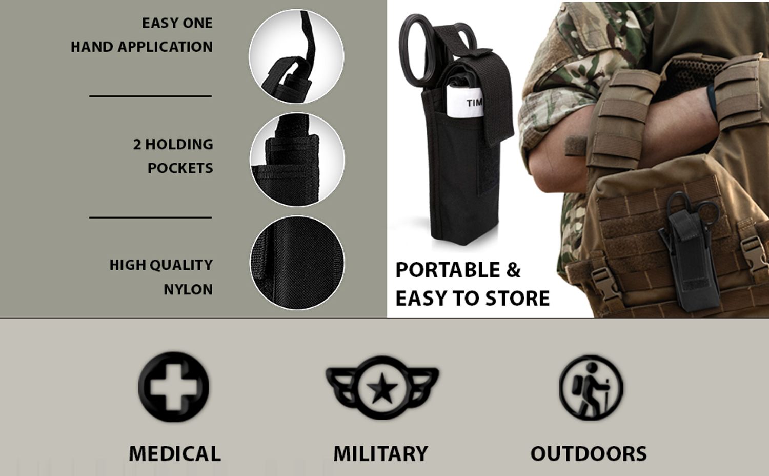 Risen Medical Tourniquet Pouch Kit with Military Tourniquet and Trauma Scissors features in easy one hand application, 2 holding pockets, high quality nylon