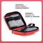Open Baby First Aid Kit showing spacious mesh fabric compartments and durable handle, ideal for diaper bags