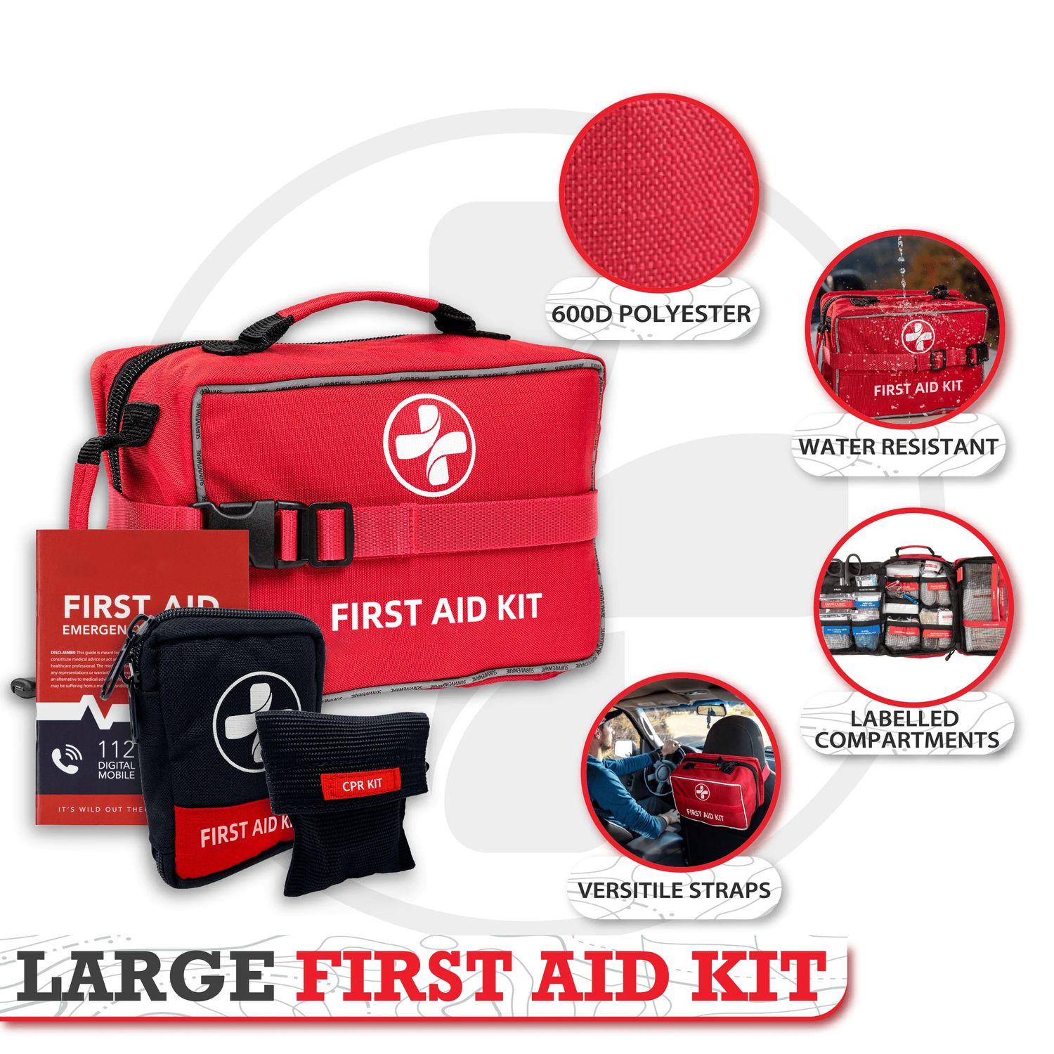 features of Red Waterproof Car Emergency First Aid Kit for Drivers: 600 D polyester, water resistant, labeled compartments, versatile straps