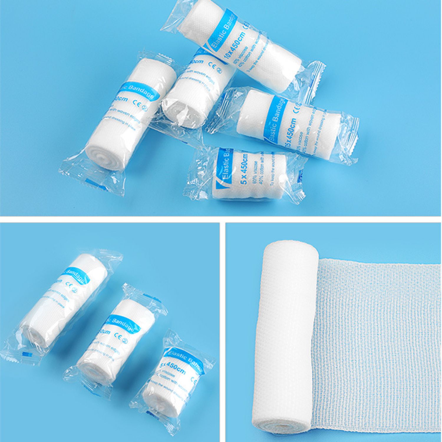 Risen Medical wholesale PBT elastic bandages 5cm x 450cm 75cm x 450cm, and 10cm x 450cm.