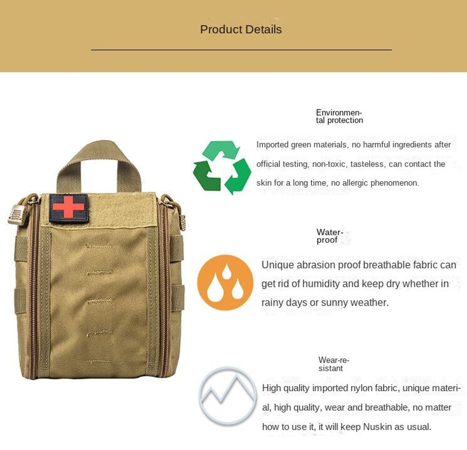 Risen Medical Tactical Military First Aid Bag features in environmental protection, Waterproof and wear resistant