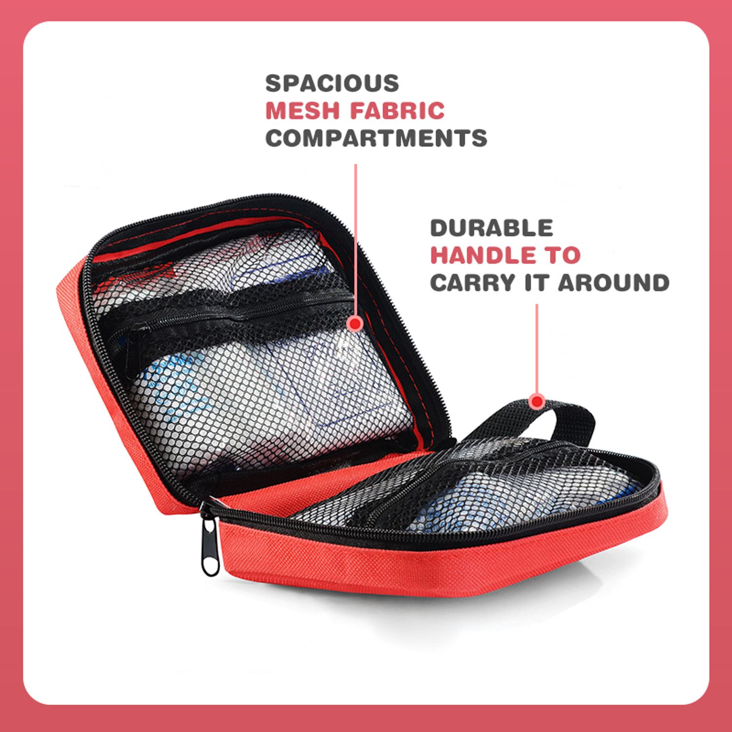 Interior view of a children's cute first aid pouch showing spacious mesh compartments and items neatly organized for easy accessibility
