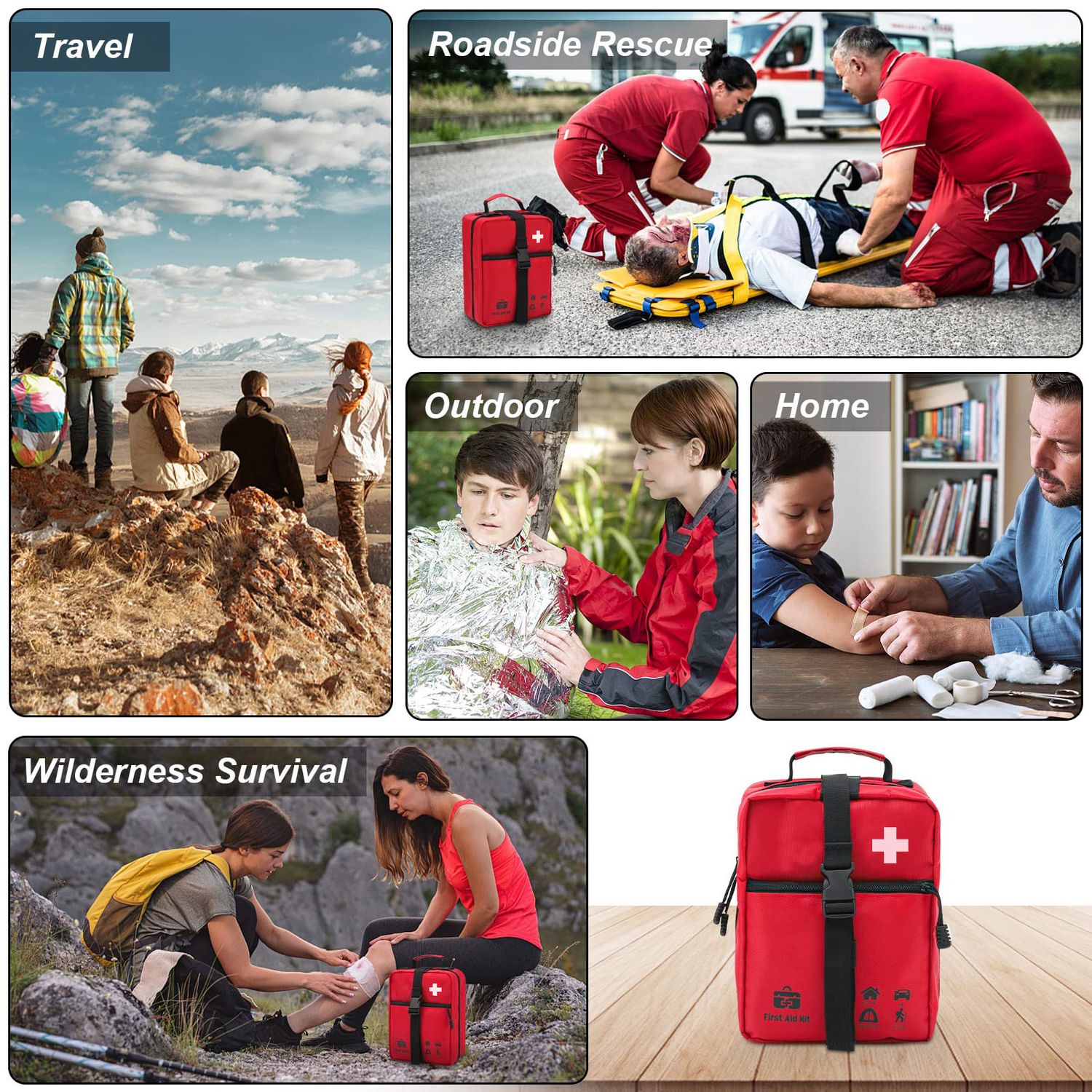 Various applications of the large emergency medical kit in travel, outdoor, home, and roadside scenarios, showing its utility in different environments
