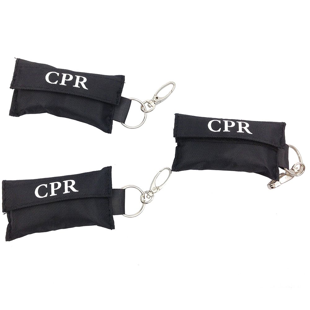 Black key pouch includes medical sterile gloves and artificial respiration face mask