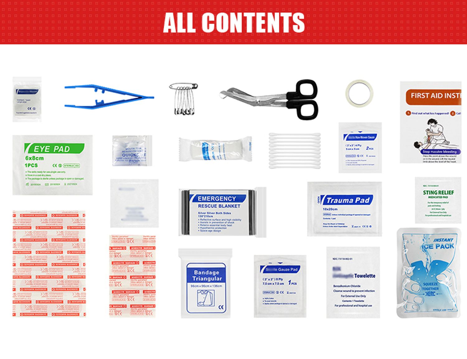 contents of 2-In-1 Zip Up Portable First Aid Kit with Custom Logo 

