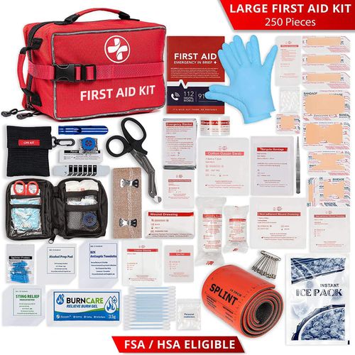 Kit de primeros auxilios de emergencia para coche, resistente al agua, color rojo, hebilla fija para conductores, suministros de 250 Uds.