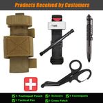 Risen Medical military tourniquet kit include: 1 tourniquet pouch, 1 scissor, 1 tourniquet, 1 tactical pen, 1 cross patch
