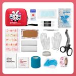 Detailed contents of a baby first aid kit with labels, including bandages, scissors, and gloves, suitable for diaper bags