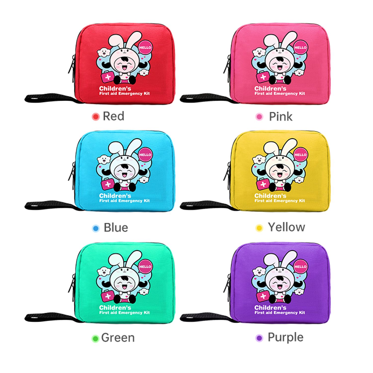 Variety of colorful children's first aid kits in red, pink, blue, yellow, green, and purple, featuring a cute bunny mascot