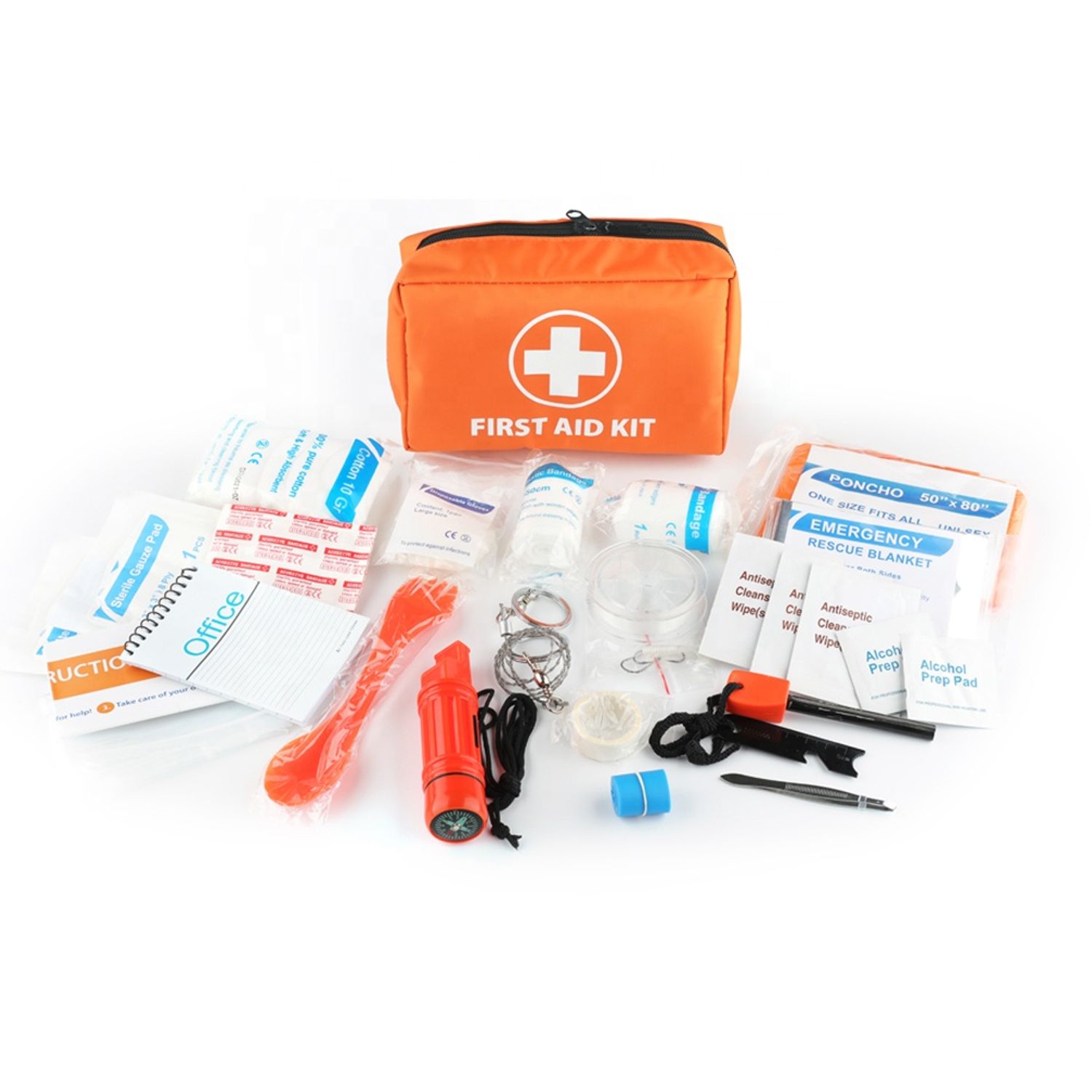 Orange first aid bag for camping hiking with 108 piece accessories