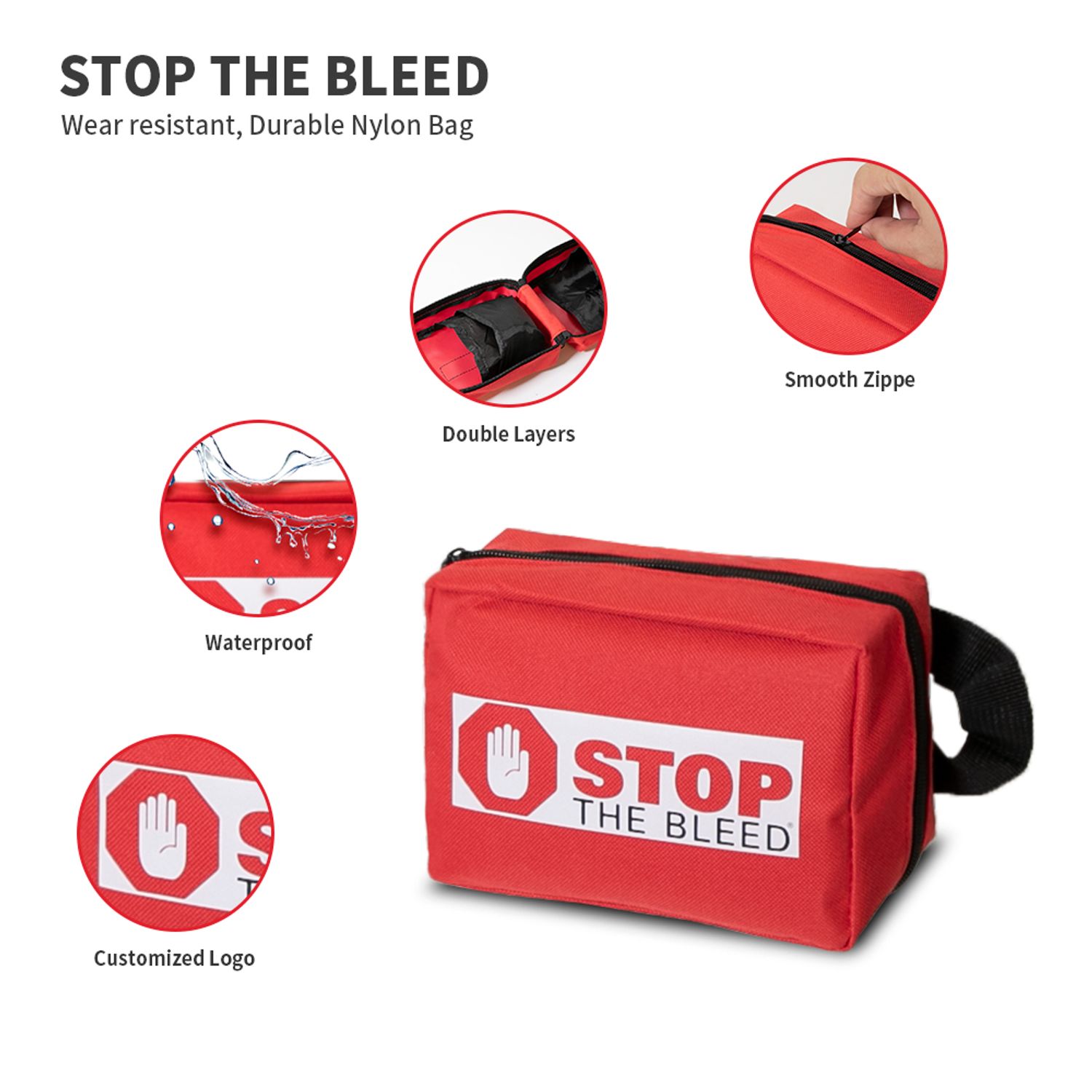 Risen Medical stop the bleed first aid kit features: waterproof, double layers, customized logo, smooth zipper