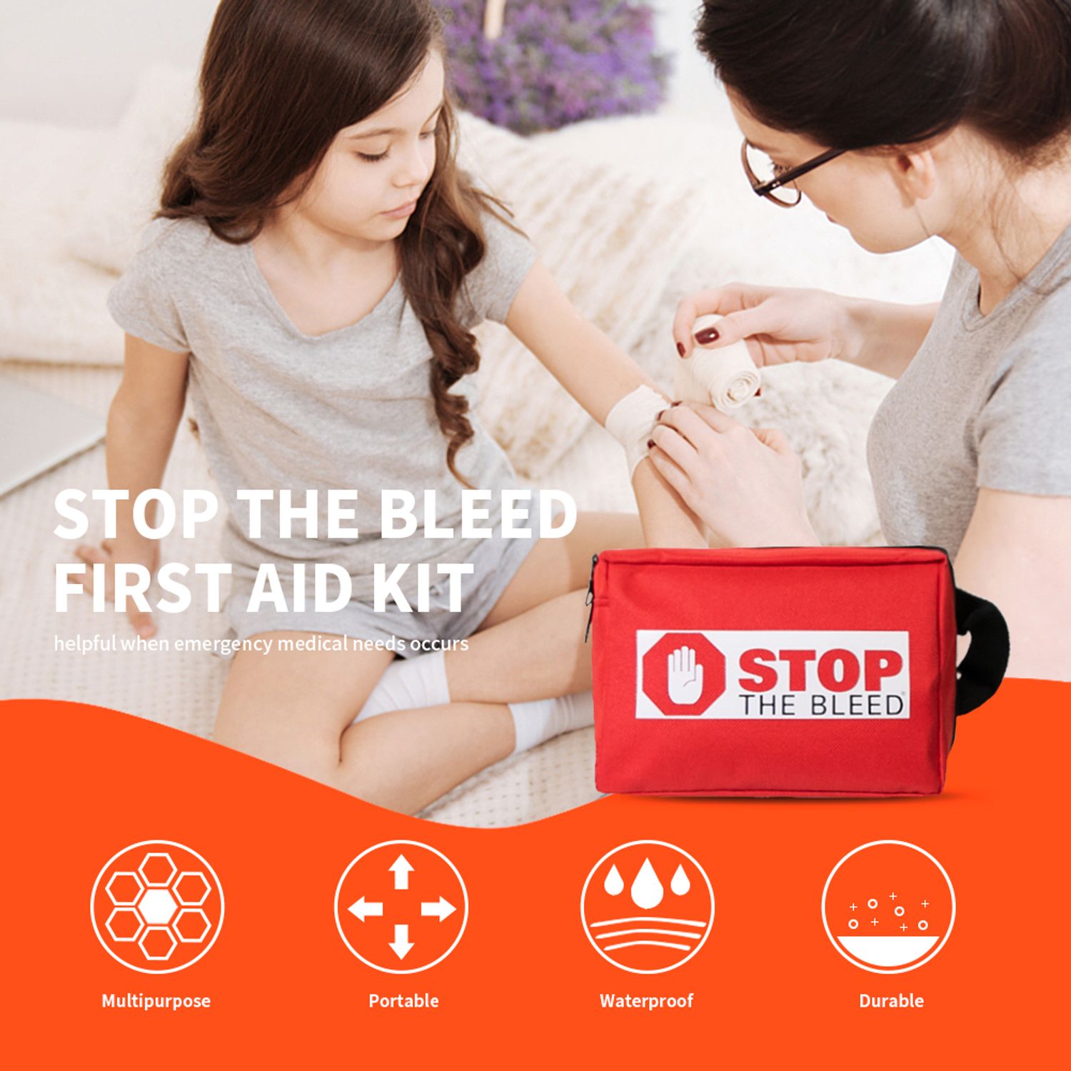 Risen Medical Portable Stop the Bleed Medical Office Emergency Kit with Custom Logo features in multipurpose, portable, waterproof, durable