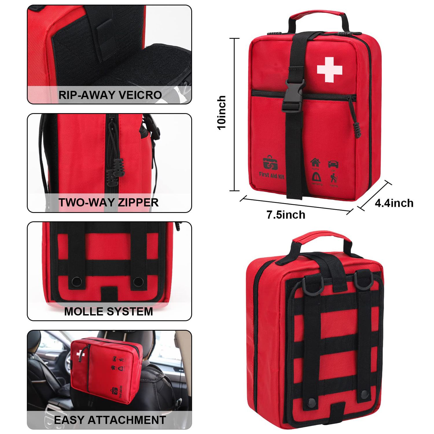 Detailed view of large red emergency medical kit featuring rip-away Velcro, two-way zipper, and MOLLE system for easy attachment