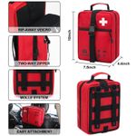 Detailed view of large red emergency medical kit featuring rip-away Velcro, two-way zipper, and MOLLE system for easy attachment