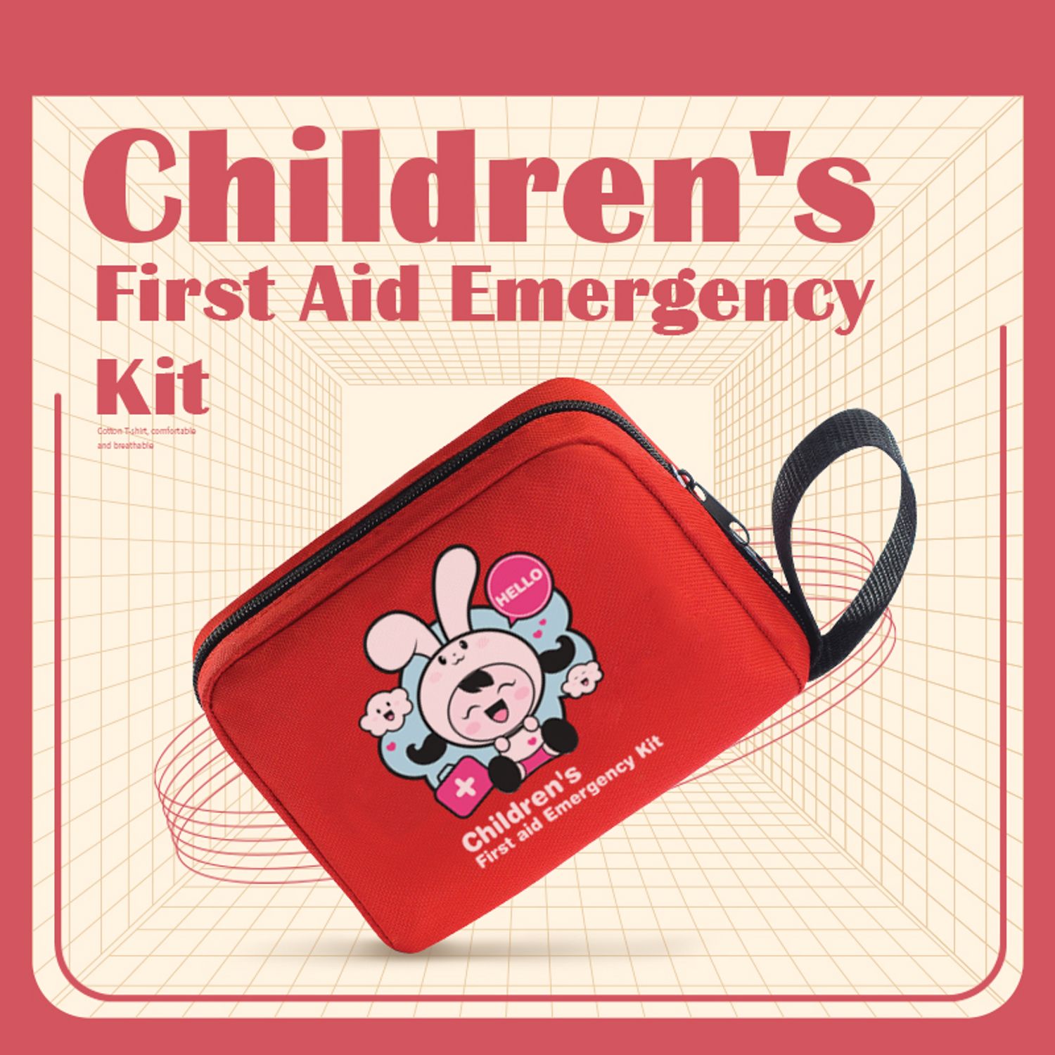 Red children's first aid emergency kit with cartoon bunny design, perfect for carrying in diaper bags