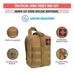 Risen Medical waterproof IFAK Medical Supplies features in 900D nylon material, molle compatible, visible red medical patch, durable snap buttons, and smooth 2-way zippers