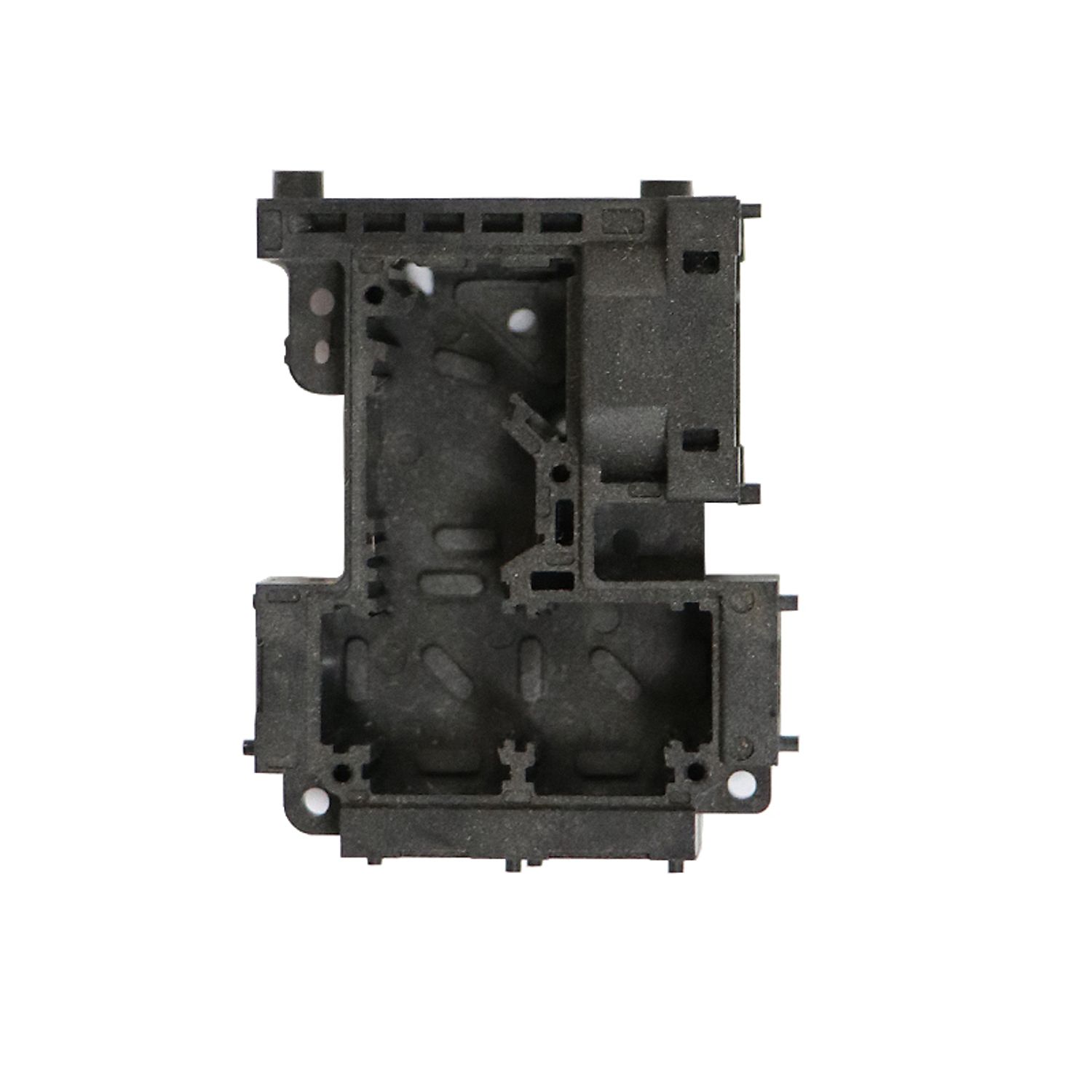 Complex black plastic framework showcasing the capabilities of OEM injection molds, with various structural elements designed for integration into larger mechanical or electronic assemblies