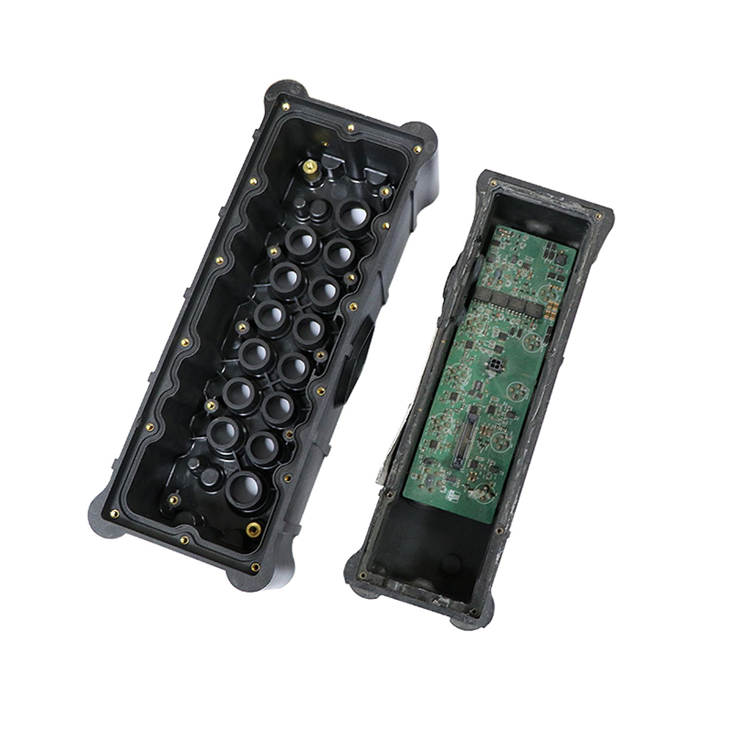 Durable black plastic housing for electronic components, designed with SZOMK OEM injection molding to provide protection and organizational structure for circuit boards and connectors