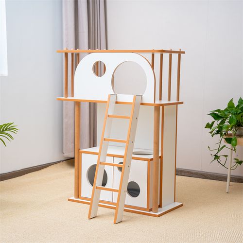 Simple Fashion White Cat House Playground Wooden Cat Tower Furniture with Exciting tunnel space