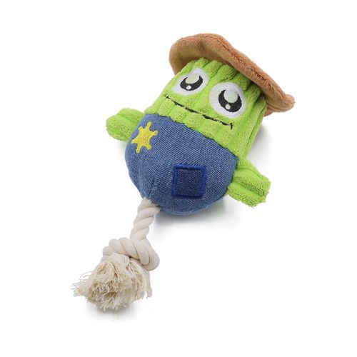 Cowboy Eggplant Corduroy Plush Stuffed Dog Squeaky Chew Toy with Cotton Rope