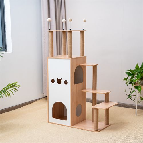 Wooden Claw Sharpener Pole Multiple Heads Multi-Level Kitten Activity Center Cat Tower