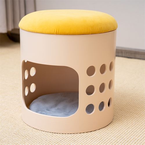 2 in 1 Cat Cave Footstool Round Cat Bed Ottoman for Kitten Puppy Hideaway