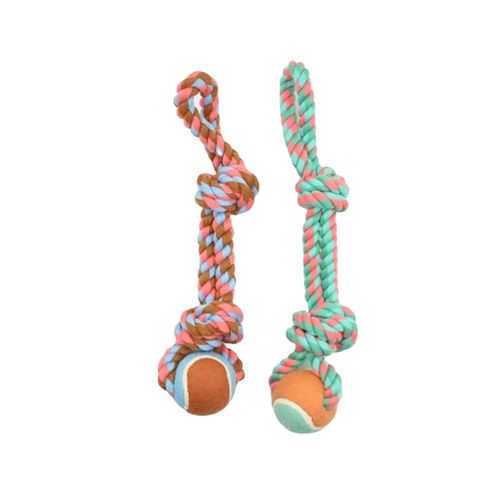 Cotton Rope Tug Bone With Tennis Ball Dog Toy