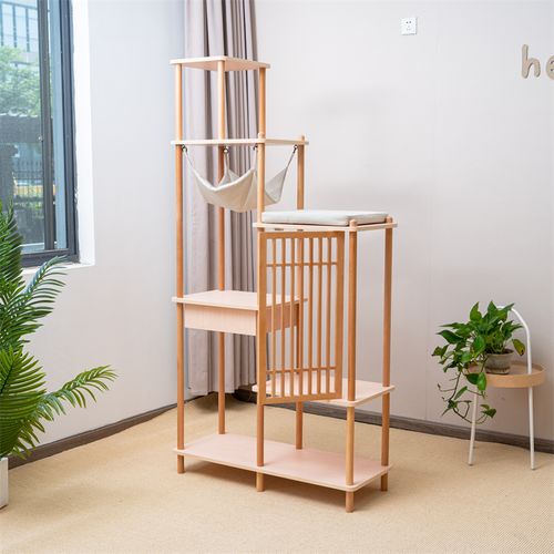 Indoor Living Room Cabinet Wooden Cat Tree Tower Pet Furniture with Hammock Soft Bed