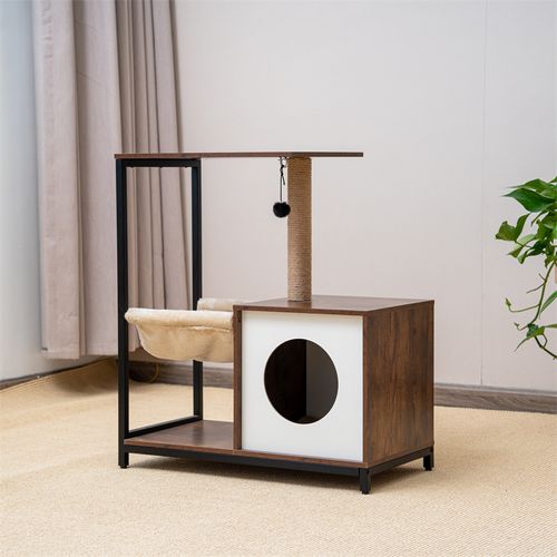 Cat Tree and End Table Industrial Style Rustic Brown Cat Tower with Scratching Post and Mat