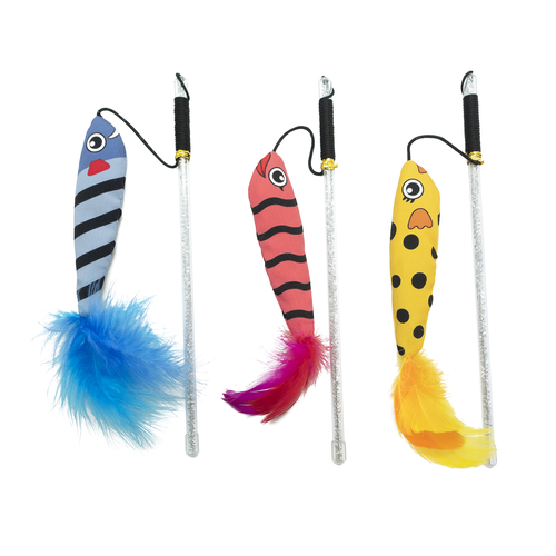Catnip Stuffing Oxford Blue Printed Fish Cat Teaser Stick with Colorful Feather