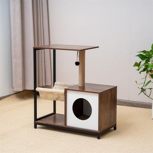 Cat Tree and End Table Industrial Style Rustic Brown Cat Tower with Scratching Post and Mat