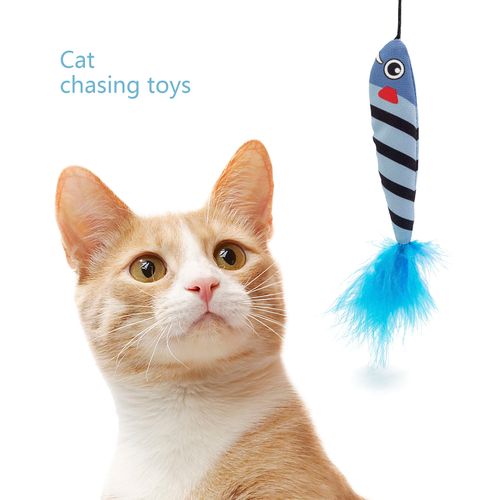 Catnip Stuffing Oxford Blue Printed Fish Cat Teaser Stick with Colorful Feather