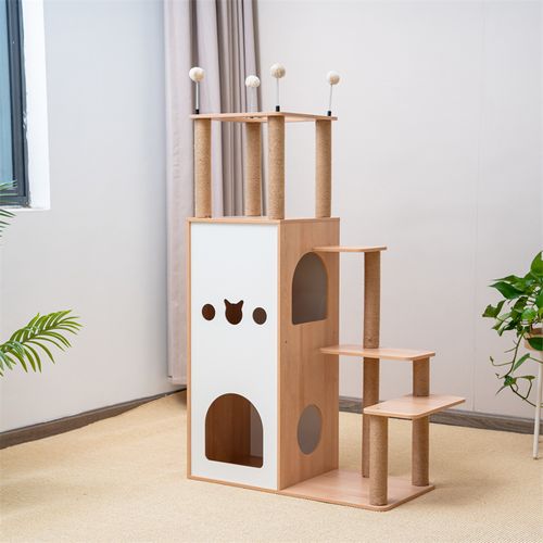 Wooden Claw Sharpener Pole Multiple Heads Multi-Level Kitten Activity Center Cat Tower