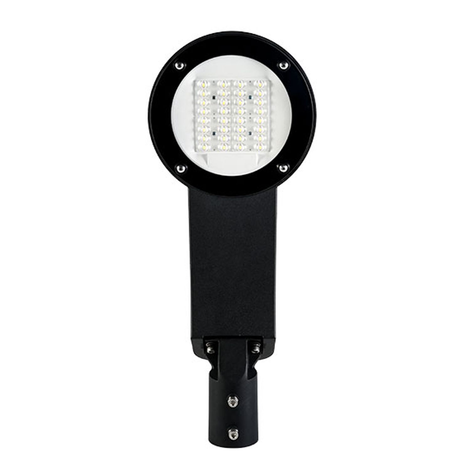 Front view of energy-efficient round LED street light with integrated LED module