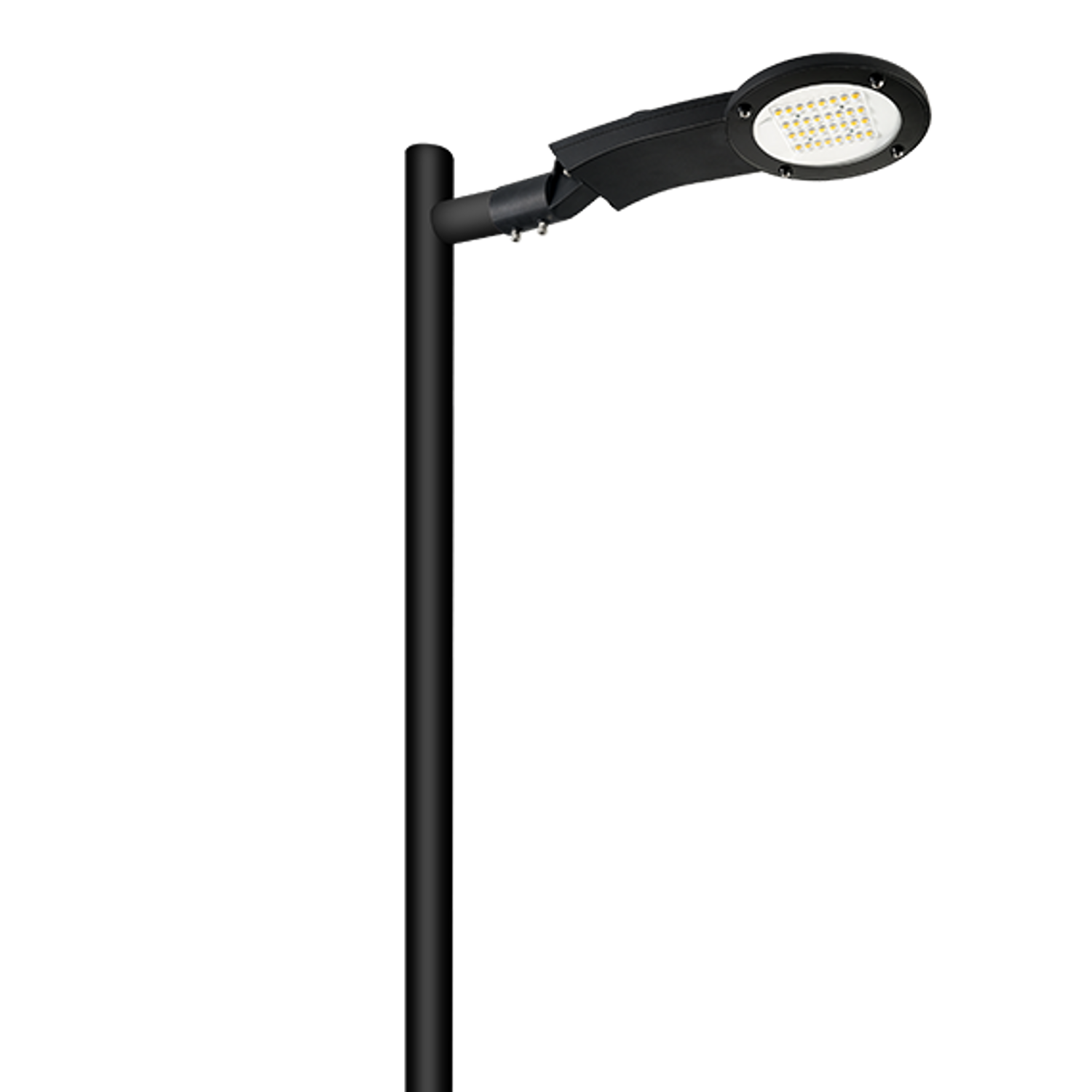 Infralumin Round LED street light mounted on black pole for modern urban road lighting