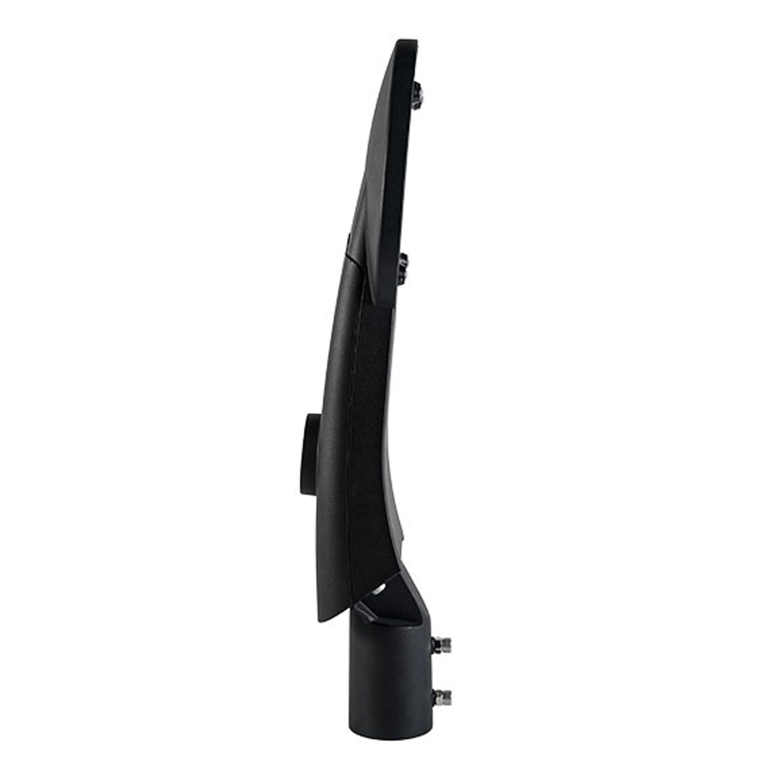 Side profile of modern round LED street light with streamlined housing and pole mount interface